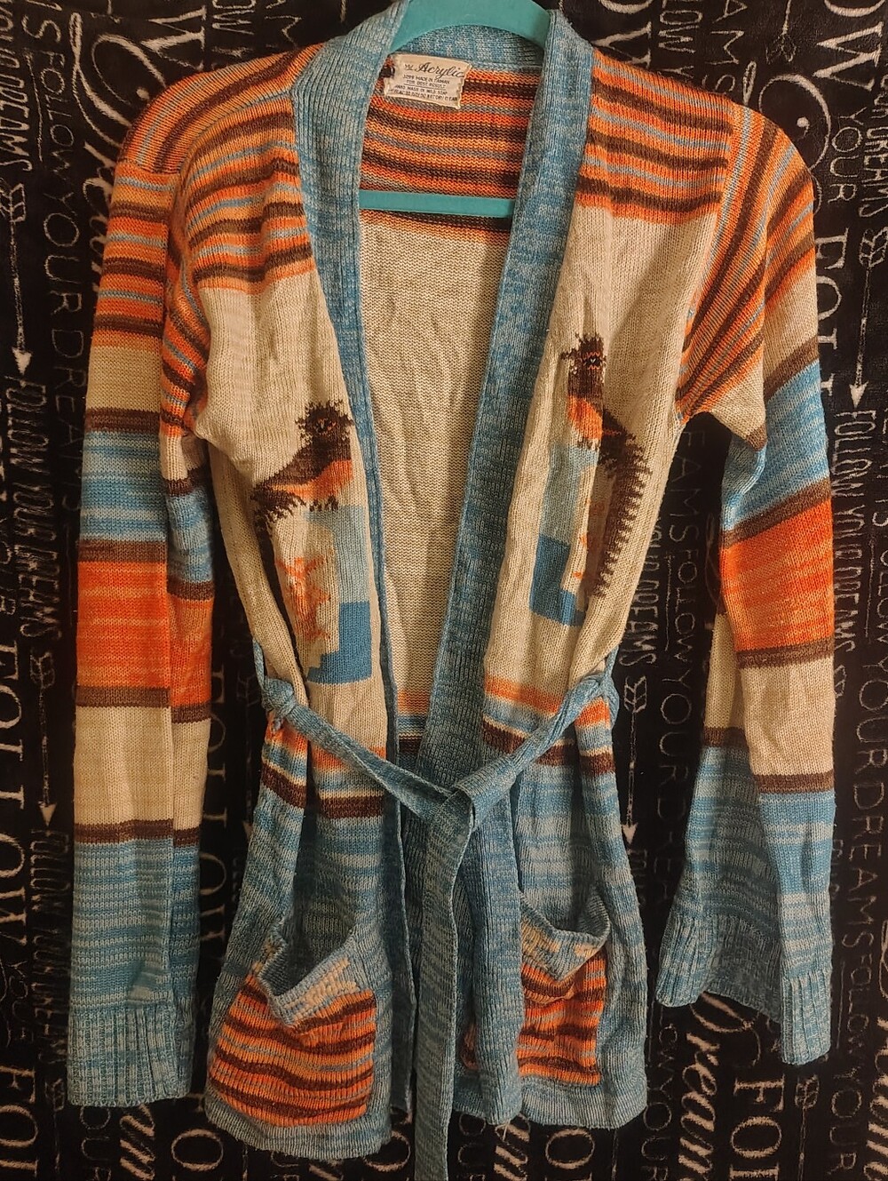 Vintage Hand-knit wool cardigan sweater with colorful striped pattern- Taiwan M